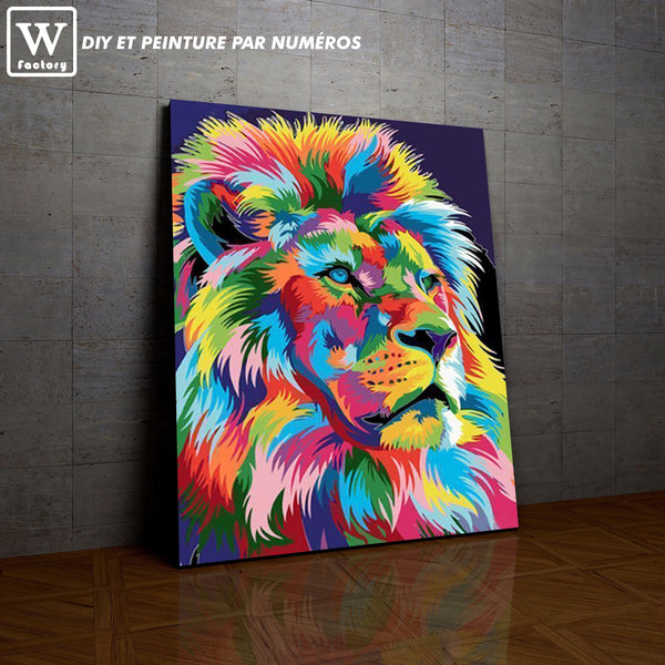 L'image de notre peinture par numéro, sans cadre et sans support, découvrez notre Lion Haut-en-Couleurs, et faites votre choix parmis plus de 300 références.