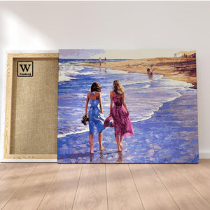 Première image de la peinture par numéro, Balade en bord de Mer , dans un cadre en bois sur du parquet.