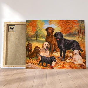 Première image de la peinture par numéro, Famille de Labradors , dans un cadre en bois sur du parquet.