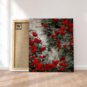 Première image de la peinture par numéro, Roses Grimpantes , dans un cadre en bois sur du parquet.