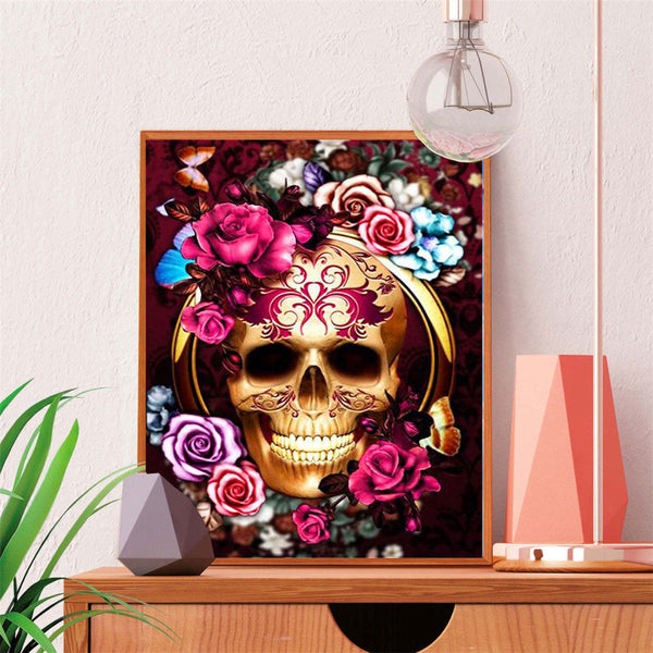 Diamantstickerei und Hauptbild des Diamond Painting namens Diamantstickerei - Blumige Calavera nur auf Wall Factory