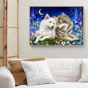 Images et détails de broderie diamant en image pour la peinture Broderie Diamant - Loups et Lune, de la collection animaux - Wall Factory