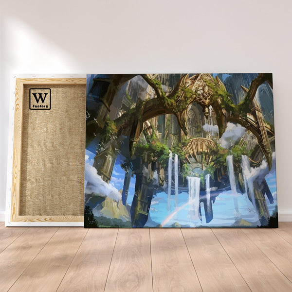 Première image de la peinture par numéro, Cité Mythologique , dans un cadre en bois sur du parquet.
