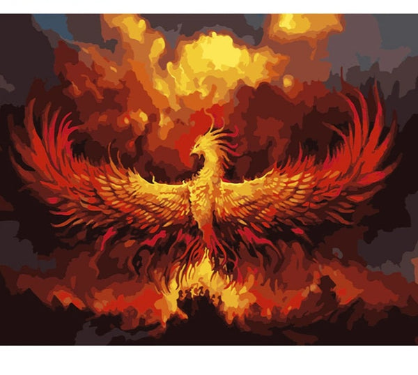 Pinceaux et toile de la peinture par numéro : Le Phoenix