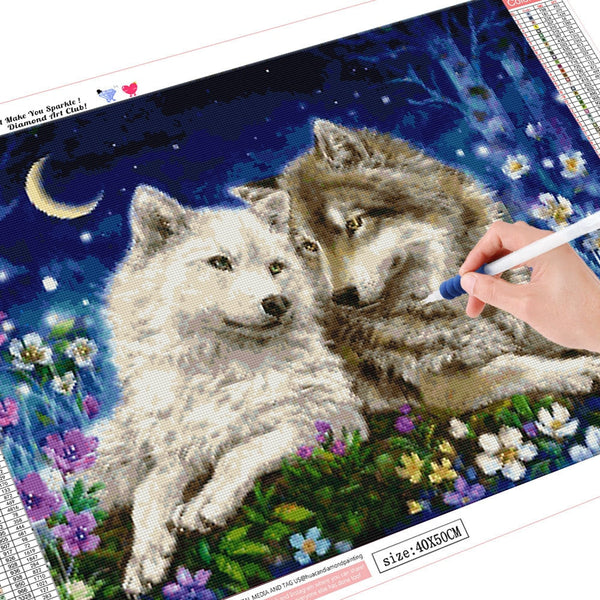 Images et détails de broderie diamant en image pour la peinture Broderie Diamant - Loups et Lune, de la collection animaux - Wall Factory