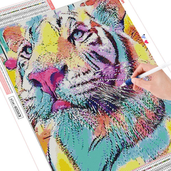 Images et détails de broderie diamant en image pour la peinture Broderie Diamant - Tigre Coloré, de la collection chats -Wall Factory