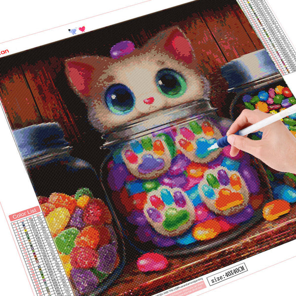 Images et détails de broderie diamant en image pour la peinture Broderie Dimant - Chat Bonbon, de la collection chats -Wall Factory