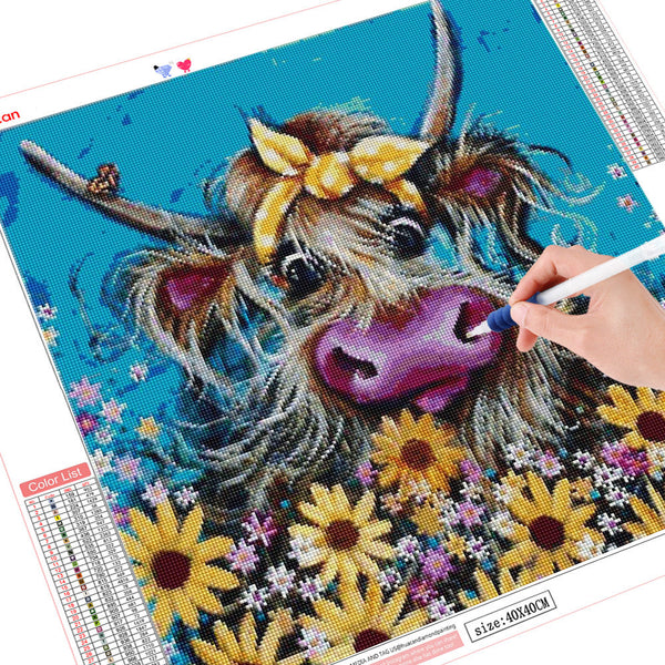 Images et détails de broderie diamant en image pour la peinture La Petite Vache, de la collection animaux - Wall Factory