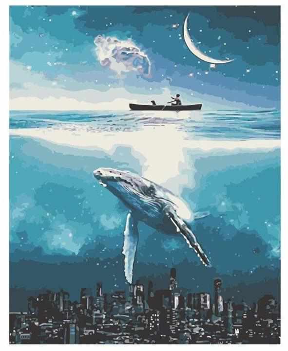 Pinceaux et toile de la peinture par numéro : La Grande Baleine