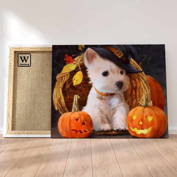Première image de la peinture par numéro, Westie pour Halloween , dans un cadre en bois sur du parquet.
