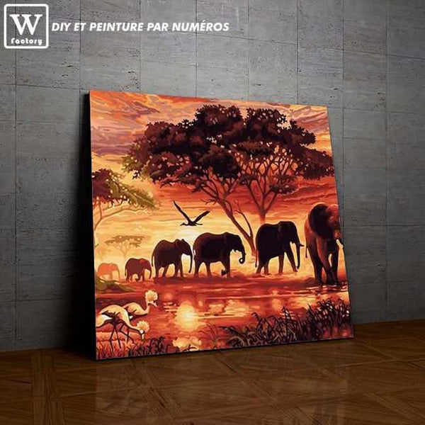 L'image de notre peinture par numéro, sans cadre et sans support, découvrez notre Éléphants en Afrique, et faites votre choix parmis plus de 300 références.