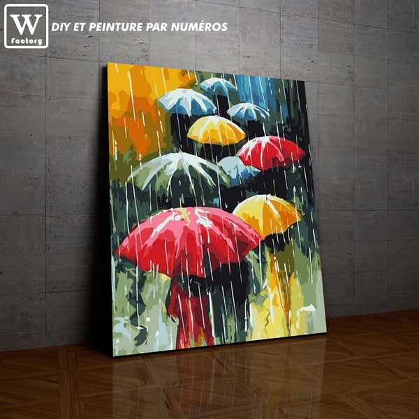 L'image de notre peinture par numéro, sans cadre et sans support, découvrez notre Parapluies Multicolores, et faites votre choix parmis plus de 300 références.