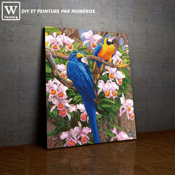 L'image de notre peinture par numéro, sans cadre et sans support, découvrez notre Perroquets et Fleurs Exotiques, et faites votre choix parmis plus de 300 références.