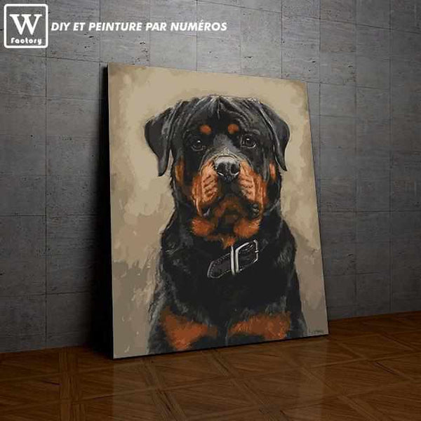 L'image de notre peinture par numéro, sans cadre et sans support, découvrez notre Rottweiler, et faites votre choix parmis plus de 300 références.