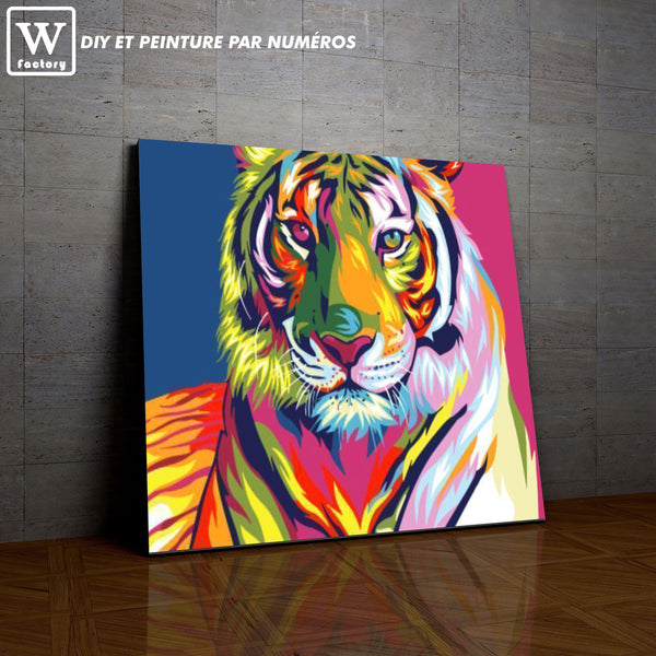 L'image de notre peinture par numéro, sans cadre et sans support, découvrez notre Tigre Coloré, et faites votre choix parmis plus de 300 références.