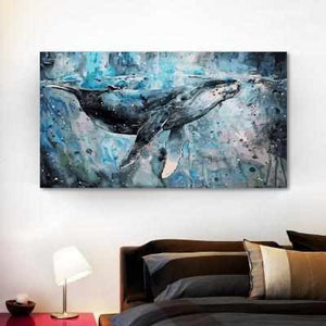 Première image de la peinture par numéro, Baleine Bleue , dans un cadre en bois sur du parquet.