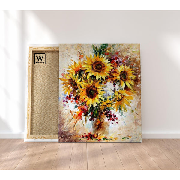 Première image de la peinture par numéro, Bouquet de Tournesols , dans un cadre en bois sur du parquet.