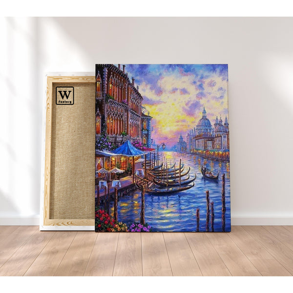 Première image de la peinture par numéro, Canal de Venise , dans un cadre en bois sur du parquet.
