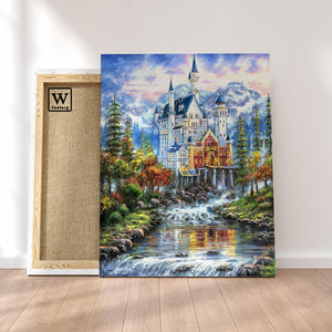 Première image de la peinture par numéro, Château Fantastique , dans un cadre en bois sur du parquet.