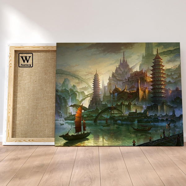 Première image de la peinture par numéro, Cité Asiatique , dans un cadre en bois sur du parquet.