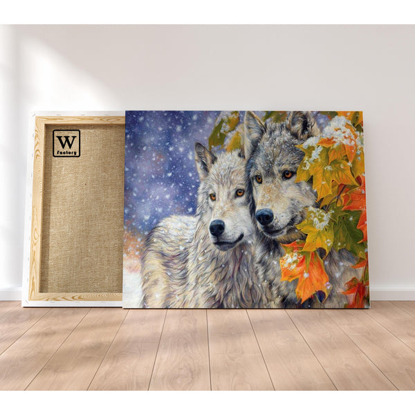 Première image de la peinture par numéro, Couple de Loups , dans un cadre en bois sur du parquet.