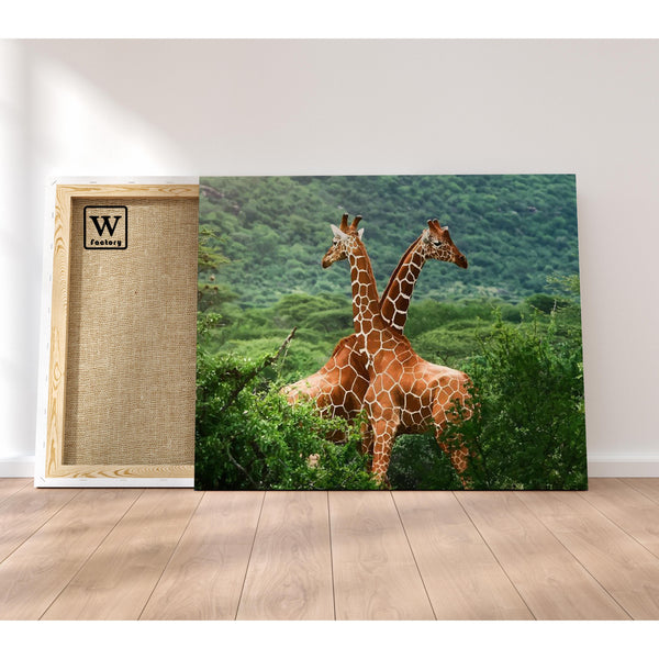 Première image de la peinture par numéro, Deux Girafes , dans un cadre en bois sur du parquet.