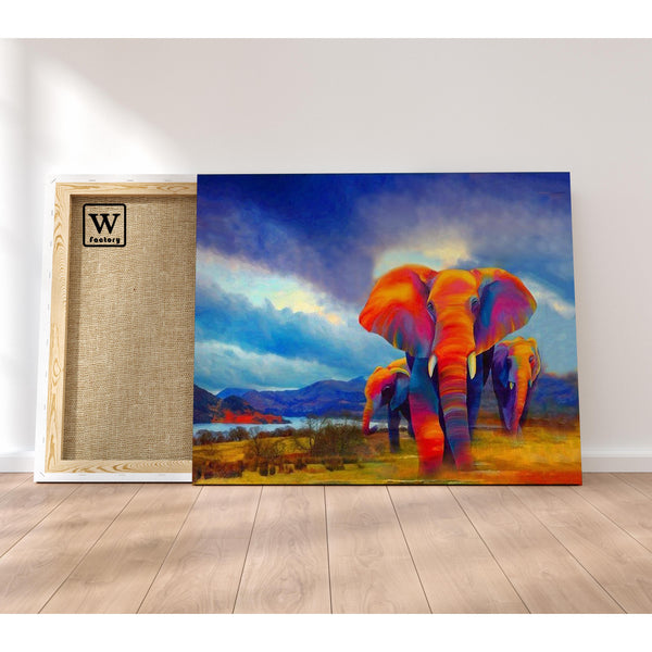 Première image de la peinture par numéro, Éléphants Thermiques , dans un cadre en bois sur du parquet.