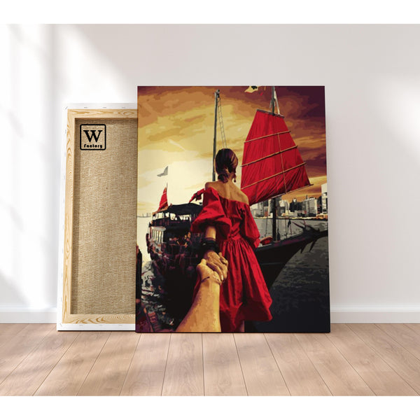 Première image de la peinture par numéro, Embarque avec Moi , dans un cadre en bois sur du parquet.