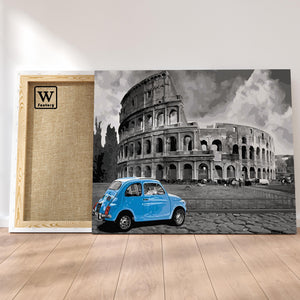 Première image de la peinture par numéro, Fiat 500 à Rome , dans un cadre en bois sur du parquet.