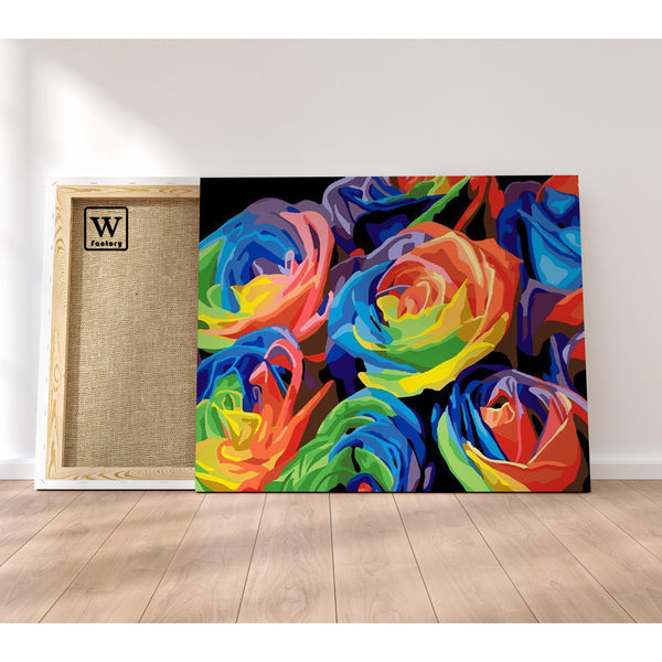 Première image de la peinture par numéro, Fleurs Colorées , dans un cadre en bois sur du parquet.