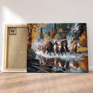 Première image de la peinture par numéro, Galop en Rivière , dans un cadre en bois sur du parquet.