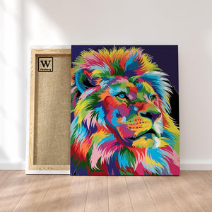 Première image de la peinture par numéro, Lion Haut-en-Couleurs , dans un cadre en bois sur du parquet.