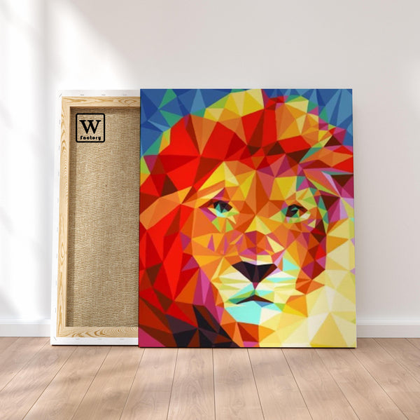 Première image de la peinture par numéro, Lion Miroir , dans un cadre en bois sur du parquet.