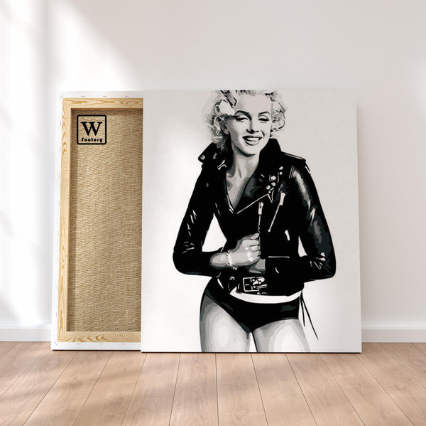 Première image de la peinture par numéro, Marilyn Motarde , dans un cadre en bois sur du parquet.