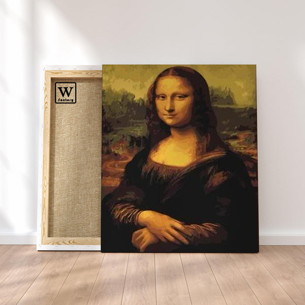 Première image de la peinture par numéro, Mona Lisa , dans un cadre en bois sur du parquet.