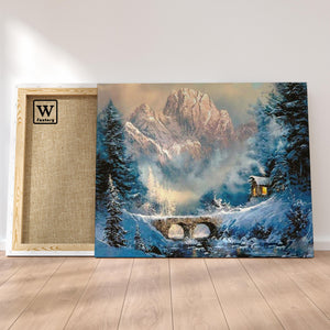 Première image de la peinture par numéro, Montagne Perdue , dans un cadre en bois sur du parquet.