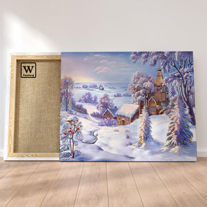 Première image de la peinture par numéro, Noël au Pôle Nord , dans un cadre en bois sur du parquet.