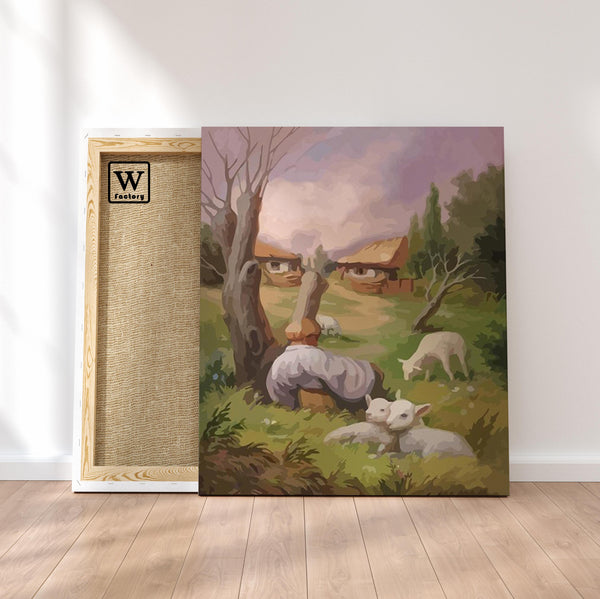 Première image de la peinture par numéro, Paréidolie Visage , dans un cadre en bois sur du parquet.