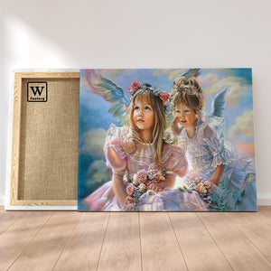 Première image de la peinture par numéro, Petits Anges , dans un cadre en bois sur du parquet.