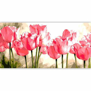 Première image de la peinture par numéro, Tulipes Roses , dans un cadre en bois sur du parquet.