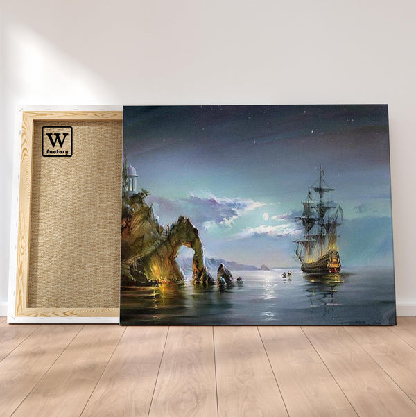Première image de la peinture par numéro, Vaisseau Pirate , dans un cadre en bois sur du parquet.