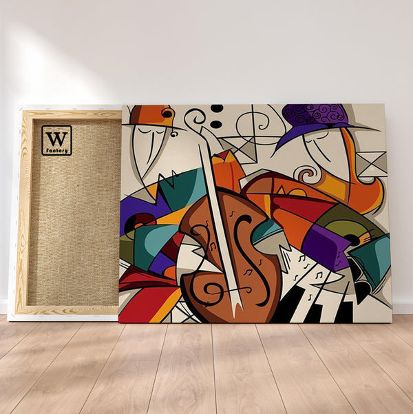 Première image de la peinture par numéro, Violon Cubisme , dans un cadre en bois sur du parquet.