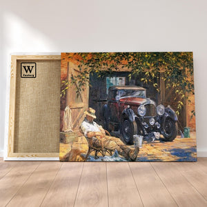 Première image de la peinture par numéro, Voiture Propre , dans un cadre en bois sur du parquet.