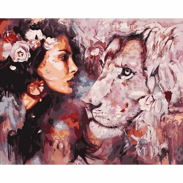 Pinceaux et toile de la peinture par numéro : La Femme et le Lion